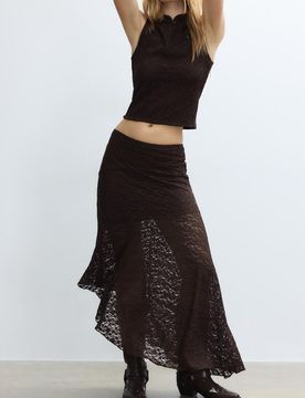 Asymmetrischer Midirock aus Spitze Braun L