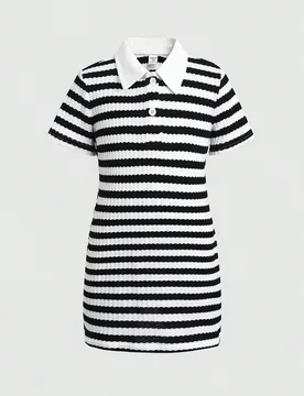 Vestido casual de moda diaria para niña joven con solapa, negro y blanco, con textura a rayas - Shein - FashionsVida
