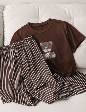 Conjunto de 2 piezas para niñas: Blusa de camiseta marrón + Pantalones rectos casuales con bloques de color y rayas, ajuste suelto y cómodo, con de