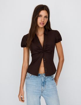 Chemise À Manches Courtes En Popeline À Nouer Xs Marron