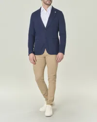 Blazer blu in tessuto micro armatura di misto cotone e lino con rever a lancia