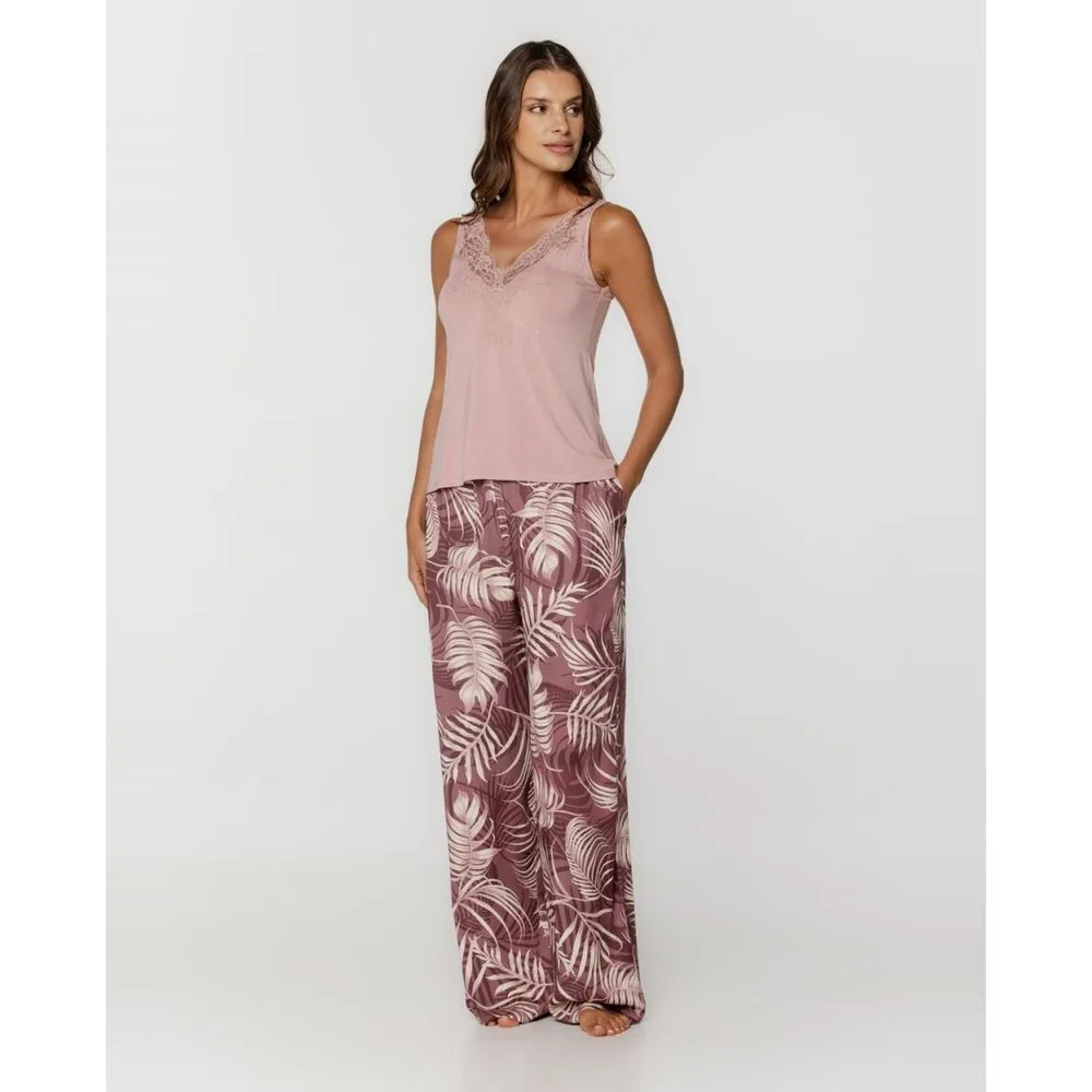 Pijama de mujer combinado top micro modal y pantalón satinado - Coemi - FashionsVida