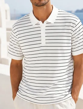 Pieza Camisa polo para hombre, Camisa polo clásica a rayas negras & blancas, Camiseta para hombre, Camisa polo casual de vacaciones para hombre, Tela - Shein - FashionsVida