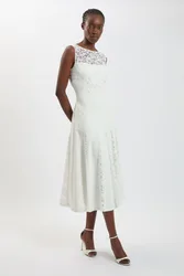 Womens Compact Stretched Lace Detail Midi Dress - White - Size 14 Uk