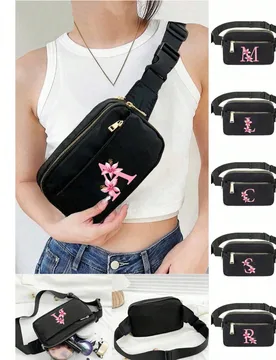 Bolsa de pecho minimalista, bolsa de correa, bolsa de fitness deportiva, bolsa de hombro con diseño de flor de lirio rosa y letra A-Z para mujer, mon - Shein - FashionsVida