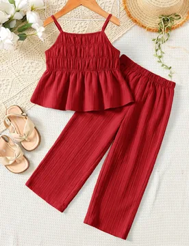 Piezas Conjunto de top de tirantes azul marino y pantalones casuales sueltos para niña, adecuado para salidas diarias, escuela, vacaciones en la play - Shein - FashionsVida