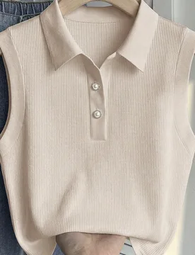 Top de tanque casual y elegante de punto acanalado sin mangas con cuello polo para niñas preadolescentes en color albaricoque - Shein - FashionsVida