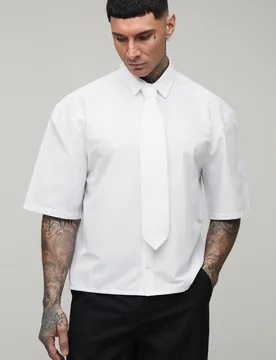 Men's Oversized Boxy Half Sleeve Shirt and Tie White Size X-Large White XL - boohooMAN - FashionsVida
