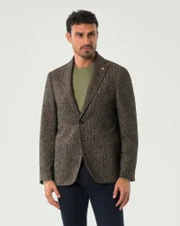 Blazer monopetto nero e marrone slim-fit in bouclé di misto cotone e lana bicolore con tasche a toppa
