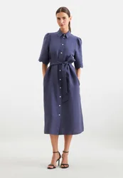 Hemdblusenkleid mit Stickerei und Taillengürtel aus 100% Leinen Blau 46