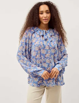 Floral Round Neck Frill Detail Blouse Blue Mix female - Monsoon - FashionsVida