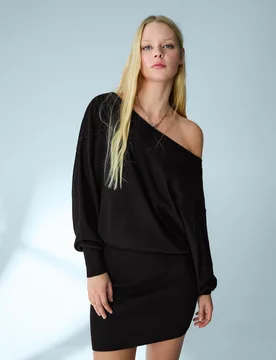 Robe Mini Asymétrique En Maille Côtelée S Noir - Bershka - FashionsVida