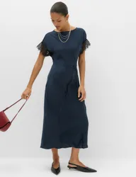 Satin Lace Insert Midi Waisted Dress Navy Mix female