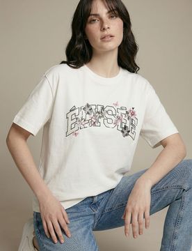 T-shirt in cotone con scritta e applicazioni con paillettes - panna