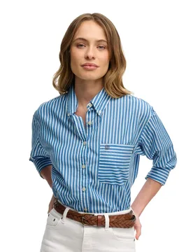 Chemise à Manches Longues Poplin Relaxed Fit Royal Blue / White XL - Superdry - FashionsVida