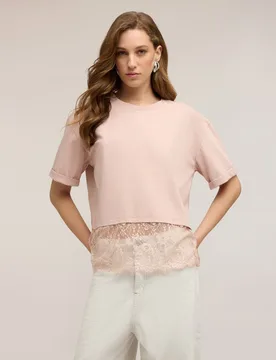 Camiseta de mujer con inserto de encaje ajuste oversize con cuello redondo - Motivi - FashionsVida