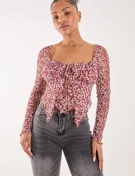 Ditsy Floral Print Long Sleeve Butterfly Top - Red - Size: M - Pink Vanilla - FashionsVida