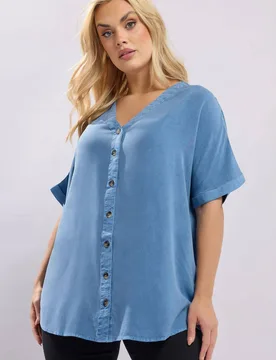Women's Chambray Button Through Blouse in Blue Size: 20 - Blue - Size: 20 - Yours - FashionsVida
