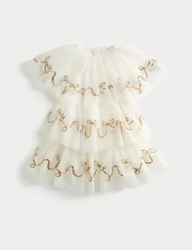 Sequin Bow Tiered Dress (2-8 Yrs) Ecru female - M&S - FashionsVida