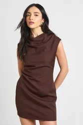 Womens Cowl Pleat Detail Mini Dress - Brown - Size 16 Uk