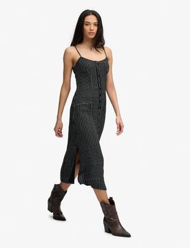 Superdry Damen Bedrucktes Midi-kleid mit Knopfleiste Black - Größe: 42