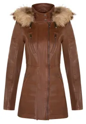 Womens Slim Fit Hooded Parka Jacket-Northam - Tan Lamb Leather - Size 24 Uk