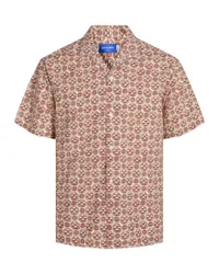 Camicia mezza manica in misto cotone a fantasia geometrica panna e mattone
