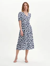 Floral V-Neck Button Through Midi Tea Dress Blue Mix female