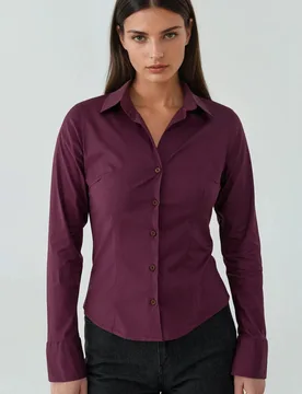 Womens Elegant Long Sleeve Button-Up Shirt - Burgundy - Hiccup - FashionsVida