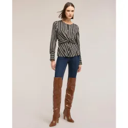 Blusa de mujer de rayas con cruce escote redondo con abertura de gota en la espalda