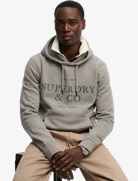 Superdry Herren Baumwolle Logo Druck 1954 Company Kapuzenpullover in Lockerer Passform, Dunkelgrau - Größe: M