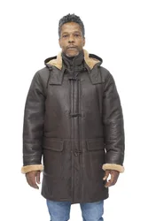 Mens Sheepskin Hooded Duffle Coat-Hanko - Brown - Size X-Small
