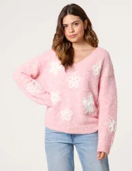 V Neck Flower And Pearl Jumper - S/M / PINK - female