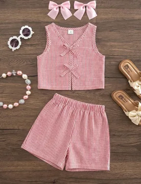 Conjunto de chaleco casual a rayas lindo para niñas - Shein - FashionsVida
