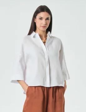 Camicia boxy bianca MM in lino con maniche a tre quarti e abbottonatura nascosta - Max Mara - FashionsVida