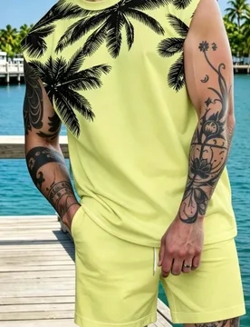 Conjunto de camiseta de tirantes con estampado de árbol de coco para hombre, camiseta de tirantes y pantalones cortos de playa de estilo vacacional p - Shein - FashionsVida