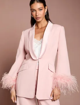Feather Trim Single Breasted Tux Style Blazer - Blush - Size: 16 - Coast - FashionsVida