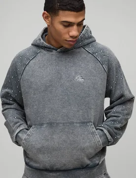 Herren Oversized Boxy Herren Strass Gewaschener Raglan Hoodie Sweatshirt Charcoal Größe Large - boohooMAN - FashionsVida