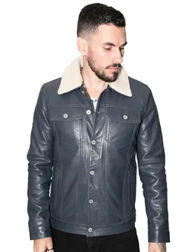 Mens Removable Collar Trucker Jacket-Zagreb - Navy - Size X-Small - Infinity Leather - FashionsVida