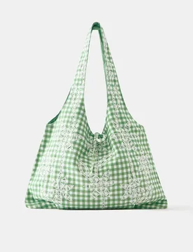 Gingham Palm Print Tote Bag (Size: ) - Pull&bear - FashionsVida