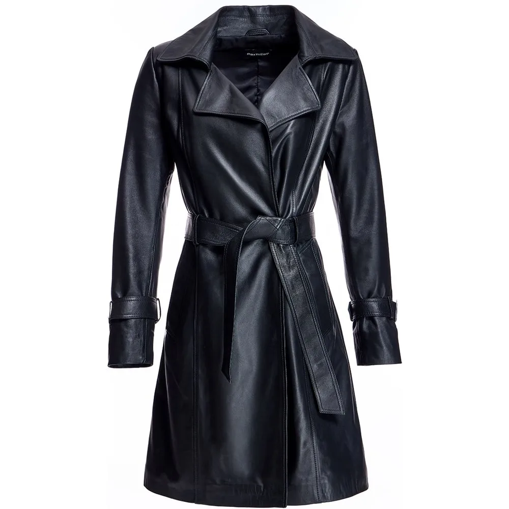 Gabardina de mujer de cuero con cinturón y cuello solapa - Maximilian - FashionsVida