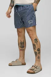 Herren Gestreifte Badeshorts mit Markenlogo in mittlerer Länge Navy Größe Large