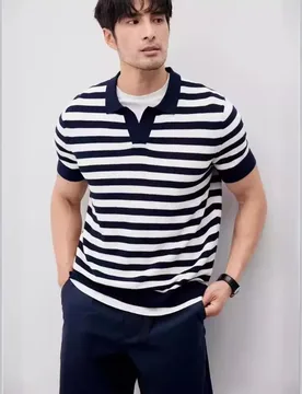 Crop Top Gentleman Short Sleeved Male Leisure Commerce Stripe Swallow Collar Knitted T-shirt Round Neck Self Cultivation - Aliexpress - FashionsVida