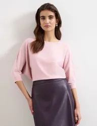 Slash Neck Batwing Sleeve Knitted Top Pink female