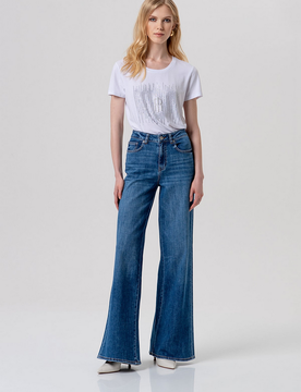 Jeans con fondo ampio donna blu medio