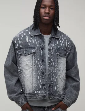 Men's Extreme Distressed Oversized Boxy Denim Jacket Charcoal Size Large Charcoal L - boohooMAN - FashionsVida