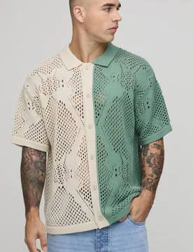 Men's Relaxed Fit Open Stitch Spliced Crochet Knitted Shirt Green Size Large Green L - boohooMAN - FashionsVida