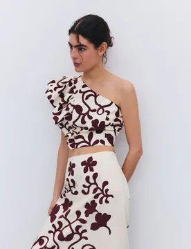 Top asimétrico volante estampado con lino - Tintoretto - FashionsVida