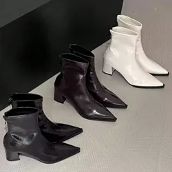 Botas de tobillo de tacón alto con punta puntiaguda para mujer, tacón grueso, cremallera trasera, nuevas botas premium negras de otoño/invierno
