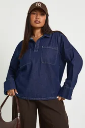 Womens Plus Denim Collared Rugby Shirt - Indigo Blue - Size 18 Uk